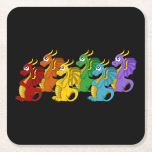 Rainbow colourful dragons cartoon square paper coaster