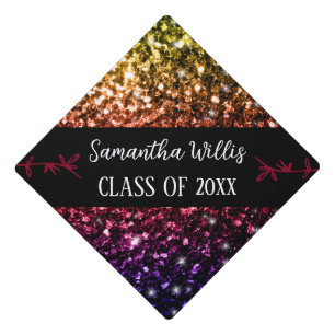 Rainbow colourful faux sparkles Custom name Class Graduation Cap Topper