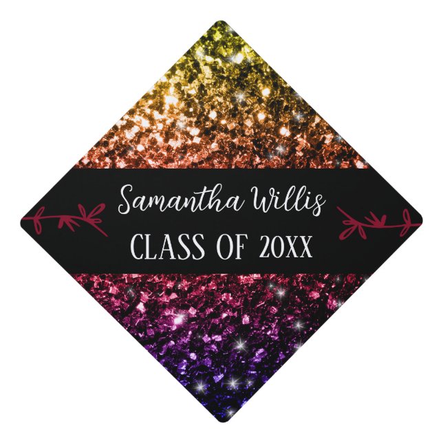 Rainbow colourful faux sparkles Custom name Class Graduation Cap Topper (Front)