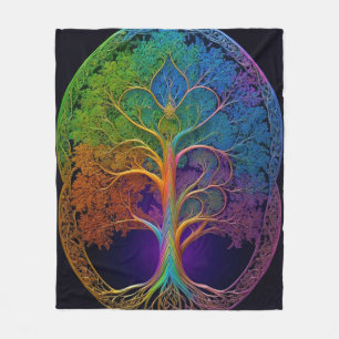 Rainbow Colourful Golden Tree of Life Fleece Blanket