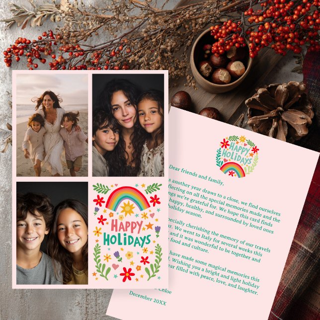 Rainbow Colourful Hand-Drawn CUSTOM 3 PHOTO Letter Holiday Card (Rainbow Colorful Hand-Drawn CUSTOM 3 PHOTO Letter Christmas Holiday Card Pink 
)