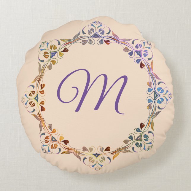 Rainbow Colourful Leaf Ring Monogram Round Pillow (Back)