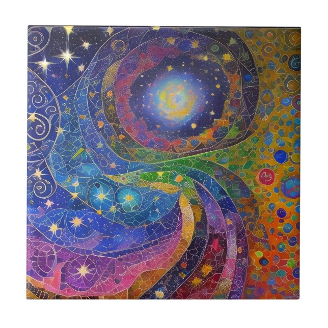Rainbow Colourful Night Sky Star Swirls Mosaic Tile (Front)