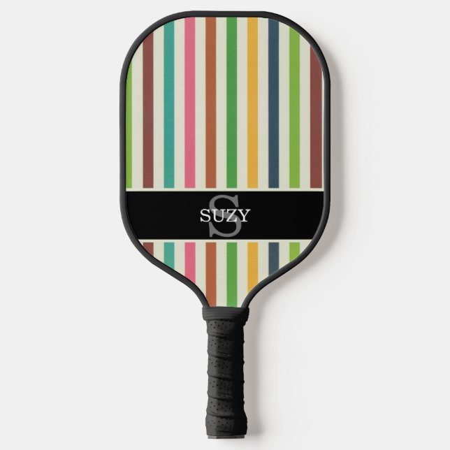 Rainbow Colourful Pinstripe Initial Monogram Pickleball Paddle (Front)