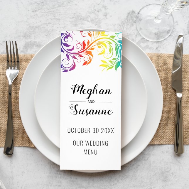 Rainbow colourful scroll leaf lesbian wedding  rack card (Creator Uploaded)