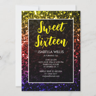 Rainbow colourful sparkles Sweet 16 elegant script Invitation