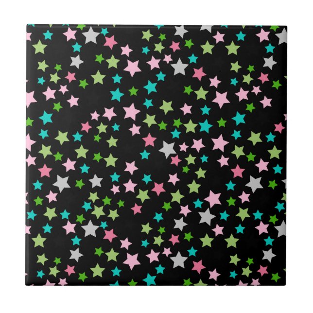 Rainbow Colourful Stars Black Starry Night Tile (Front)