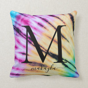 Rainbow Colourful Tie-Dye Teen Monogram Name Throw Pillow