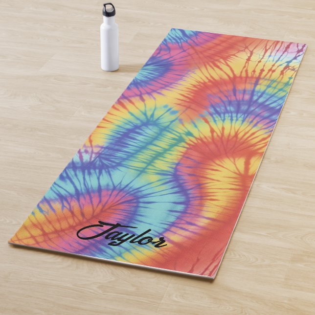 Rainbow Colourful Tie Dye Yoga Mat with custom nam (In Situ)