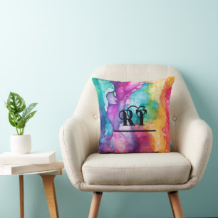 Rainbow Colourful Watercolor Monogram Throw Pillow