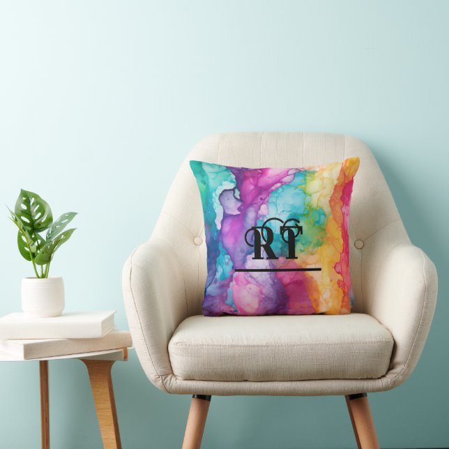 Rainbow Colourful Watercolor Monogram Throw Pillow (Chair)