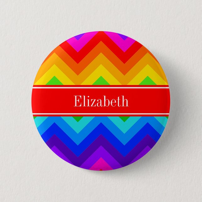 Rainbow Colours #2 LG Chevron Brt Red Name Monogra 2 Inch Round Button (Front)