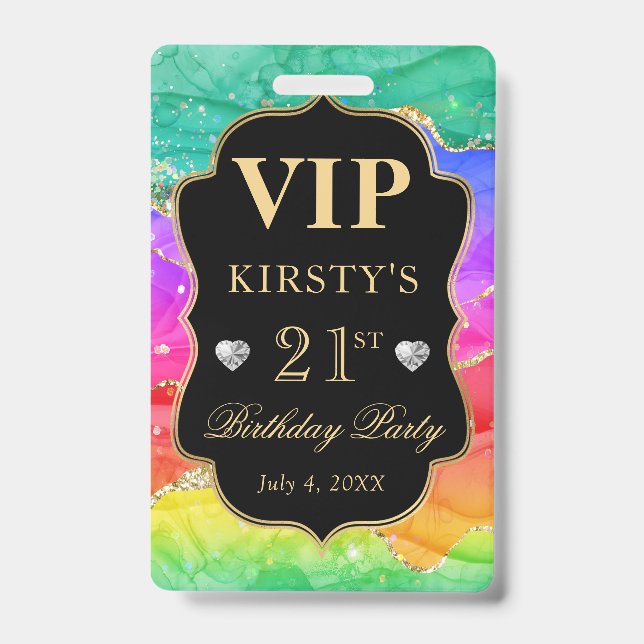Rainbow Colours and Gold Glitter Agate Birthday VI Badge (Front)