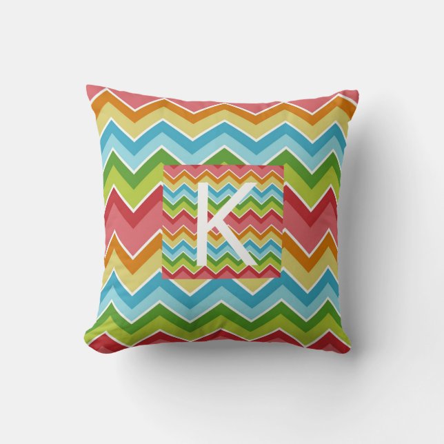 Rainbow colours chevron pattern Monogram Throw Pillow (Front)