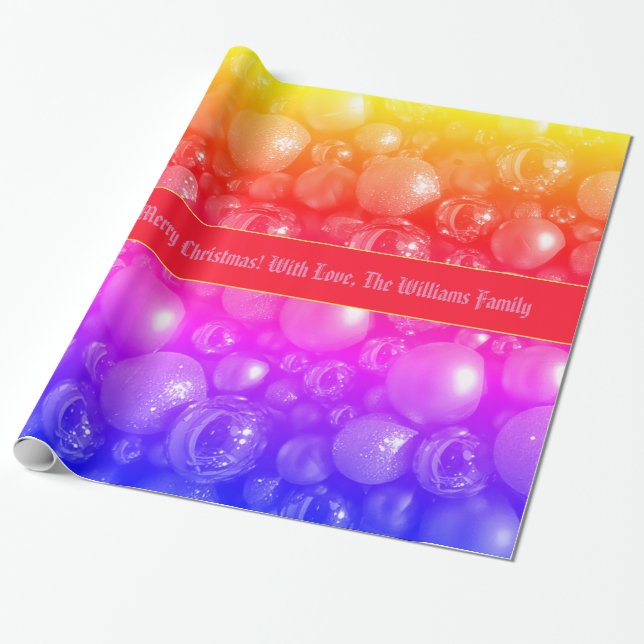 Rainbow Colours Christmas Baubles Pattern Add Text Wrapping Paper (Unrolled)