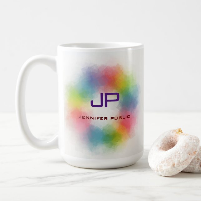 Rainbow Colours Colourful Abstract Monogram Templa Coffee Mug (With Donut)