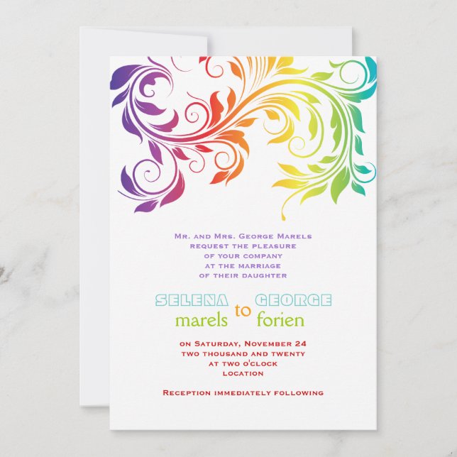 Rainbow colours colourful scroll leaf wedding invitation (Front)