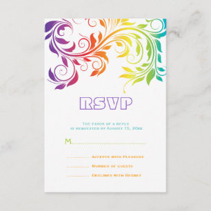 Rainbow colours colourful scroll leaf wedding RSVP Card