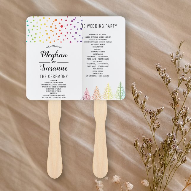 Rainbow colours confetti and trees wedding program hand fan (Creator Uploaded)