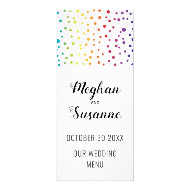 Rainbow colours confetti, trees wedding menu card (Front)