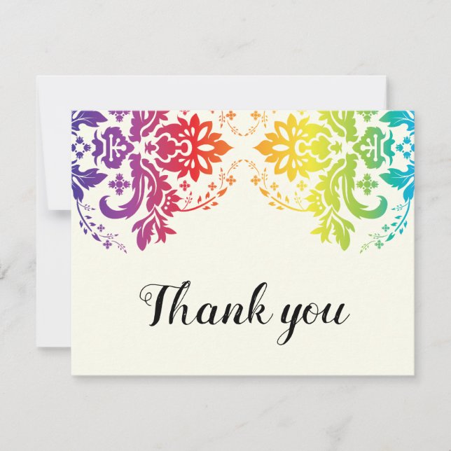 Rainbow colours damask lesbian wedding Thank You Card (Front)