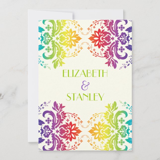 Rainbow colours damask wedding invitation (Front)