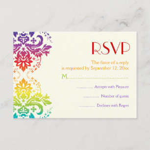 Rainbow colours damask wedding RSVP Card