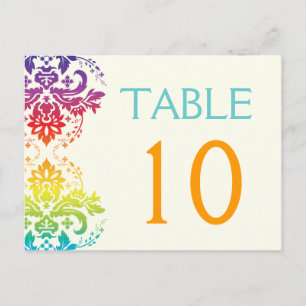 Rainbow colours damask wedding table number postcard