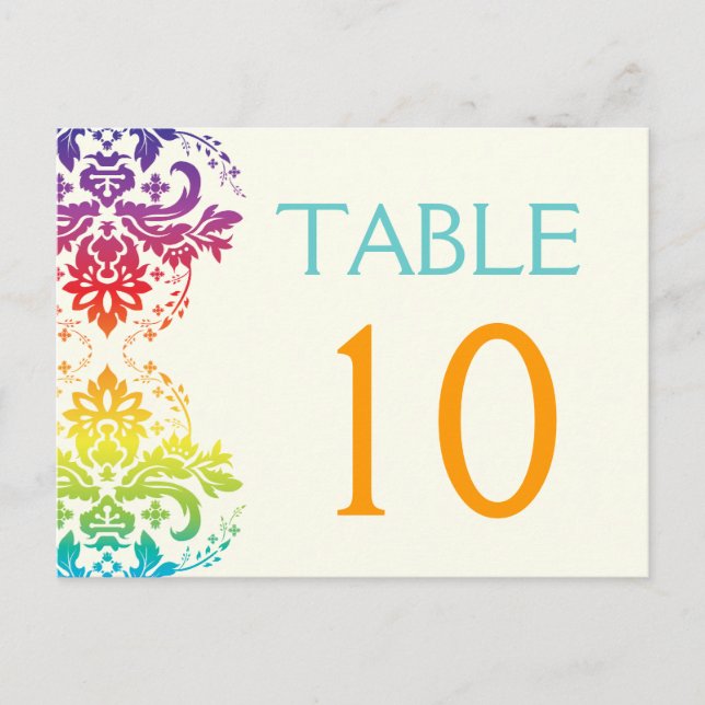 Rainbow colours damask wedding table number postcard (Front)