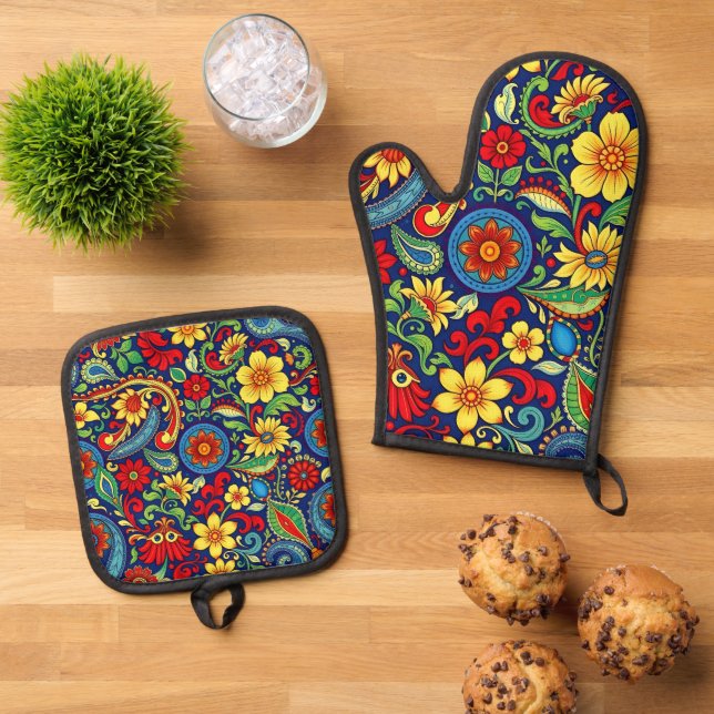 Rainbow Colours Flower Paisley Design Oven Mitt & Pot Holder Set (Top Down)