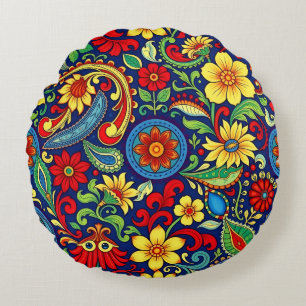 Rainbow Colours Flower Paisley Design Round Pillow