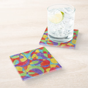 Rainbow Colours Hand Drawn Crayon Doodle Pattern Glass Coaster