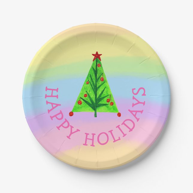 Rainbow Colours Happy Holidays Tree Christmas Paper Plate (Front)