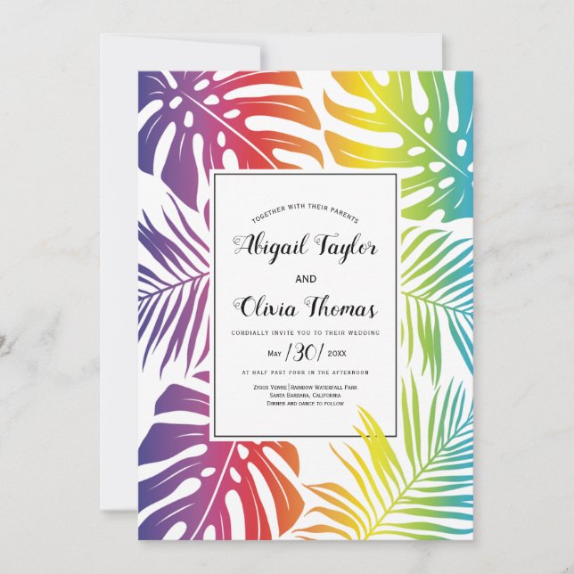 Rainbow colours leaf pattern gay lesbian wedding invitation (Front)