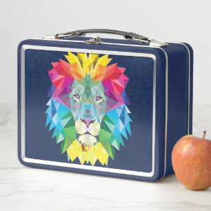 Rainbow Colours Lion Head on Blue Metal Lunch Box