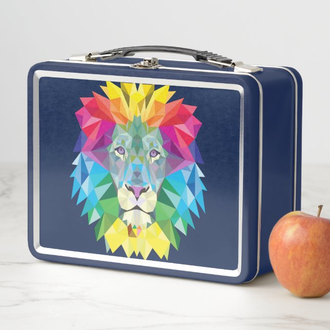 Rainbow Colours Lion Head on Blue Metal Lunch Box (In Situ)