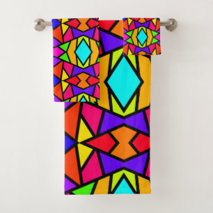 Rainbow Colours Patchwork Geometric Repeat Pattern Bath Towel Set