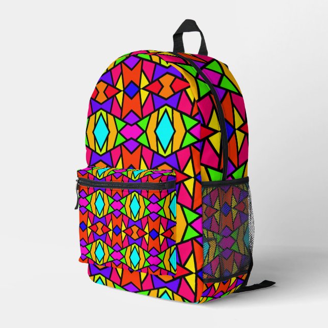 Rainbow Colours Patchwork Geometric Repeat Pattern Printed Backpack (Back Corner Right)