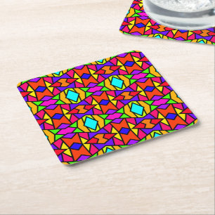 Rainbow Colours Patchwork Geometric Repeat Pattern Square Paper Coaster
