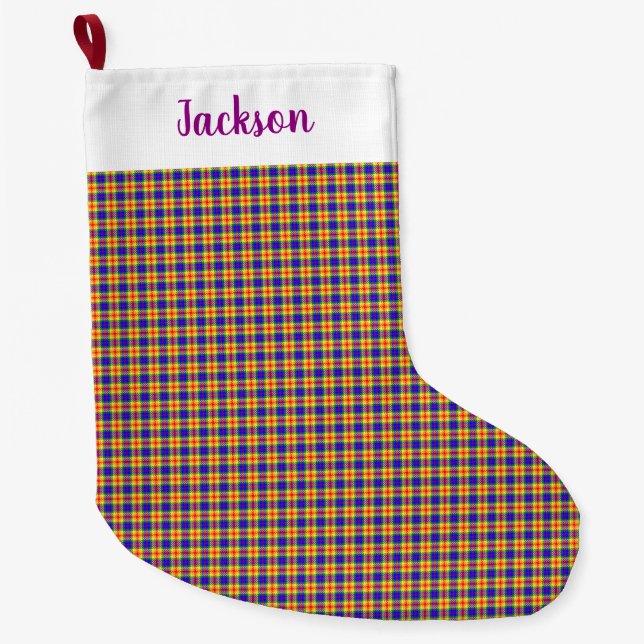 Rainbow Colours Plaid Tartan Pattern Large Christmas Stocking (Front)