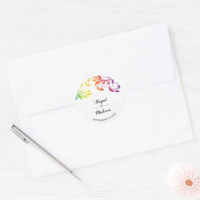 Rainbow colours scroll leaf gay lesbian wedding classic round sticker (Envelope)