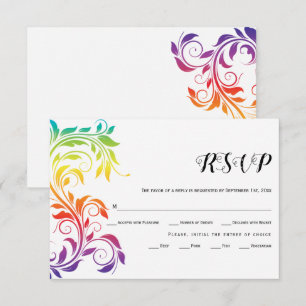 Rainbow colours scroll leaf gay lesbian wedding RSVP card