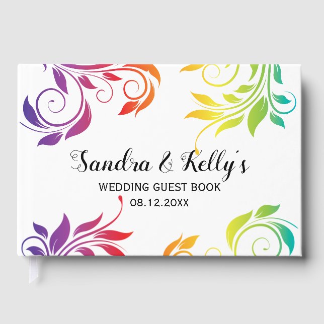 Rainbow colours scroll leaf LGBT  wedding Guest Book (Front)