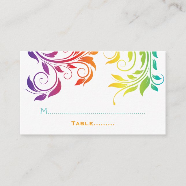Rainbow colours scroll leaf wedding place card (Front)