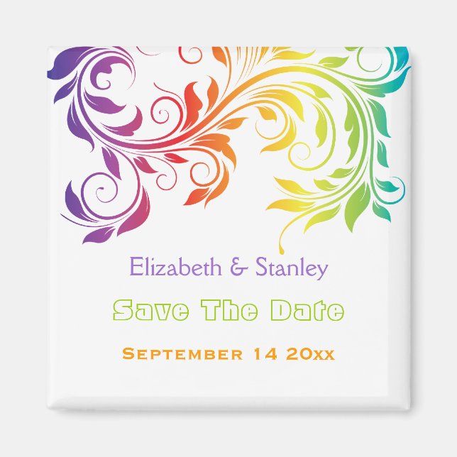 Rainbow colours scroll leaf wedding Save the Date Magnet (Front)