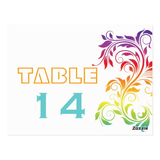 Rainbow colours scroll leaf wedding table number postcard