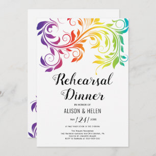 Rainbow colours scroll lesbian rehearsal dinner invitation