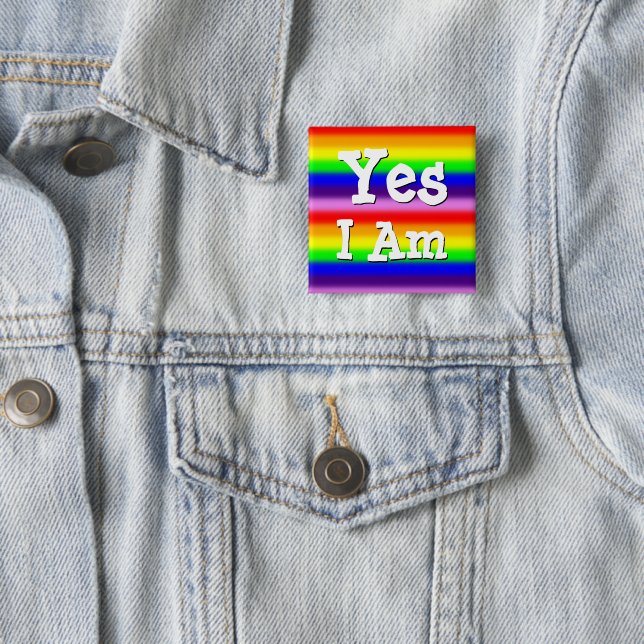 Rainbow Colours Skinny Stripes Gay Pride Yes I Am 2 Inch Square Button (In Situ)