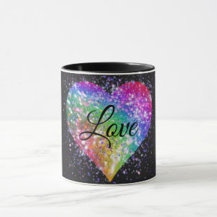Rainbow colours sparking glitter heart love mug