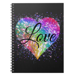 Rainbow colours sparking glitter heart love no notebook